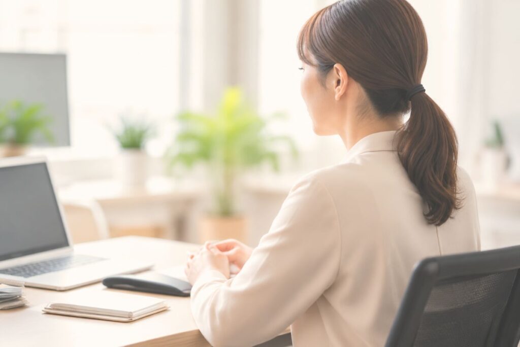 明るい職場のデスクに座る女性。乳がんの治療と仕事について考えるイメージ