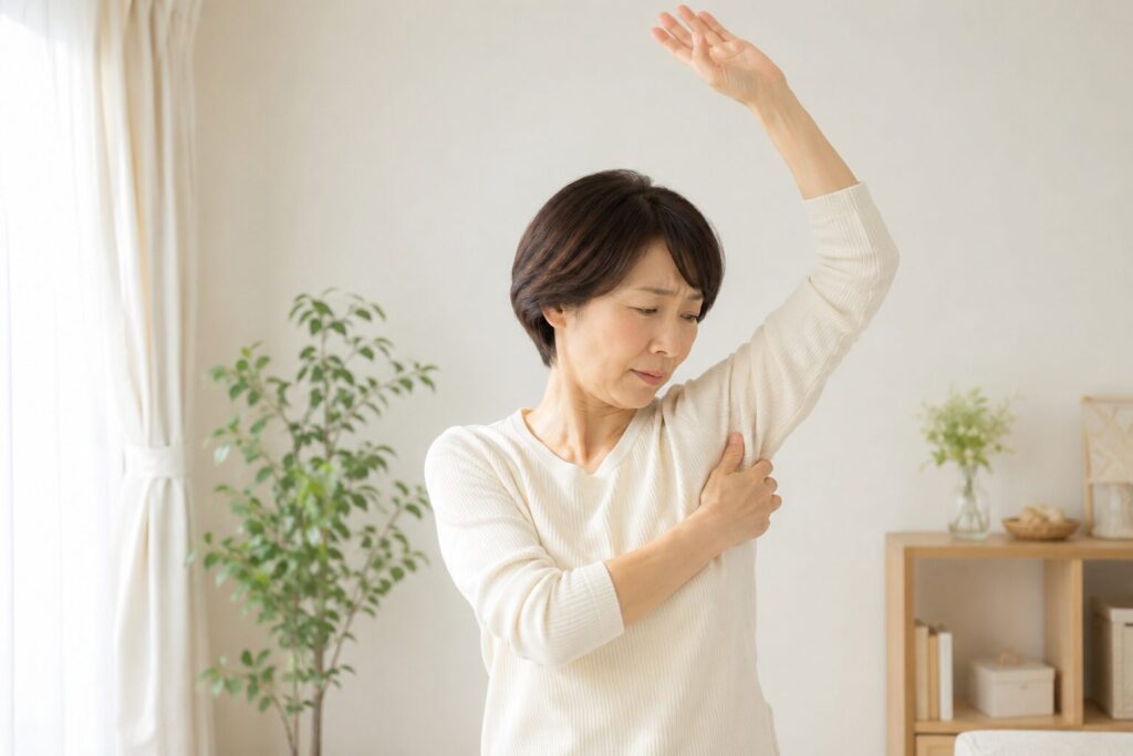 乳がん放射線治療前に腕を上げる姿勢を確認する女性