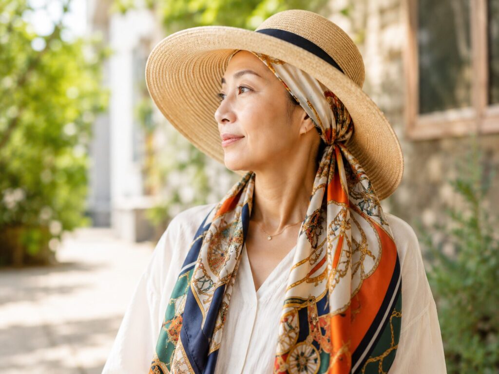 スカーフと帽子で自分らしいスタイルを楽しむ女性