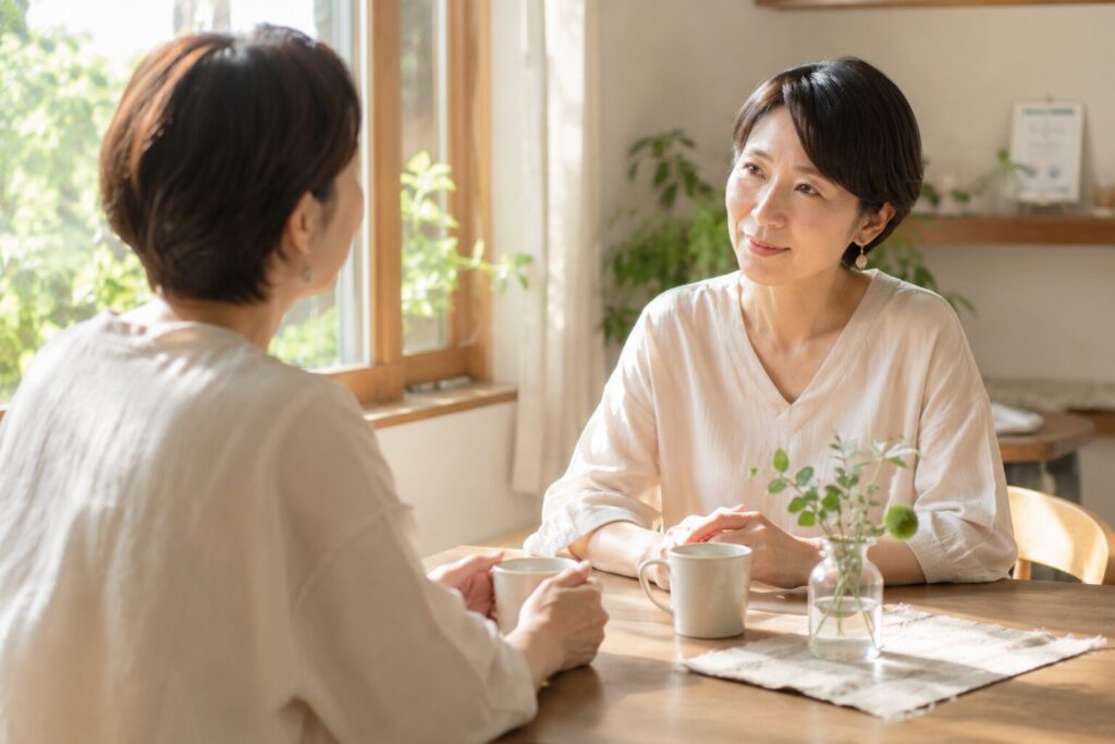 同じ場所で穏やかに過ごす乳がん経験者の女性