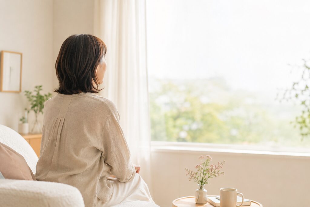 自然光の入る部屋で自分の身体を見つめる40代女性