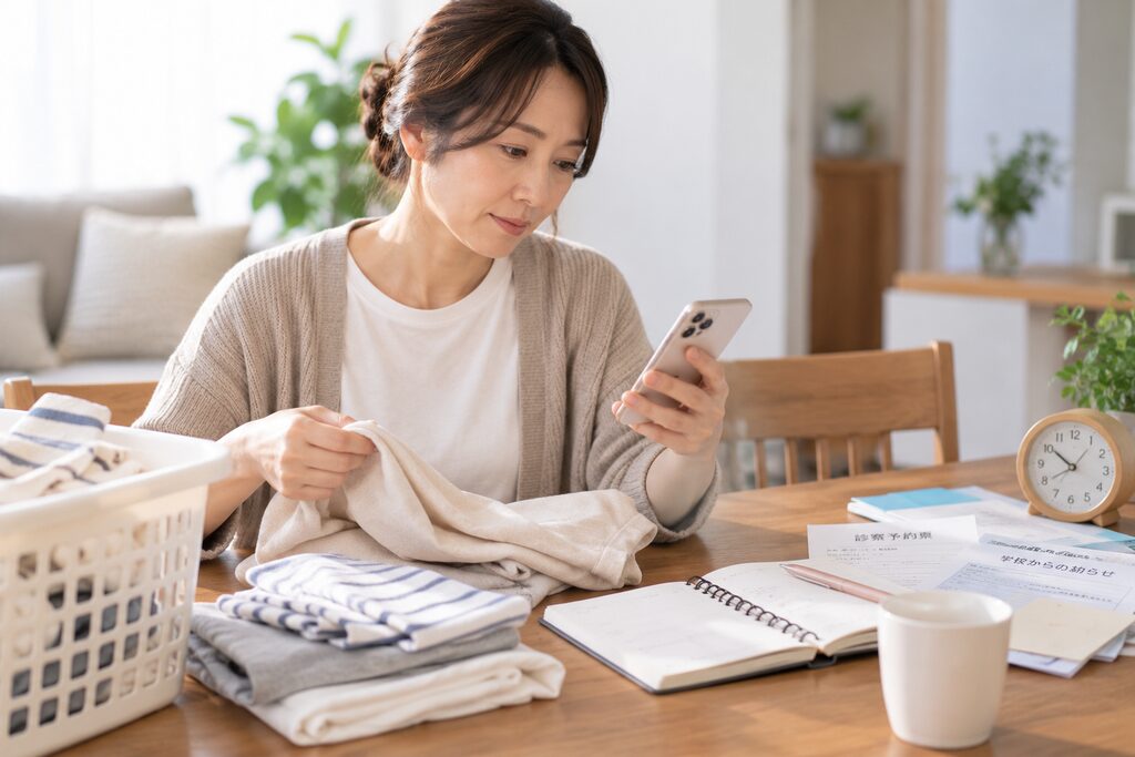 洗濯物をたたみながら予定を確認する女性