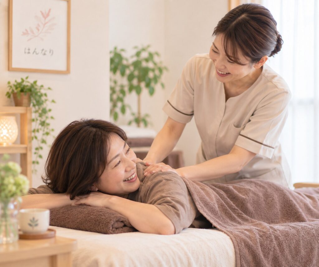 リラクゼーションサロンで女性セラピストと会話を楽しむ女性