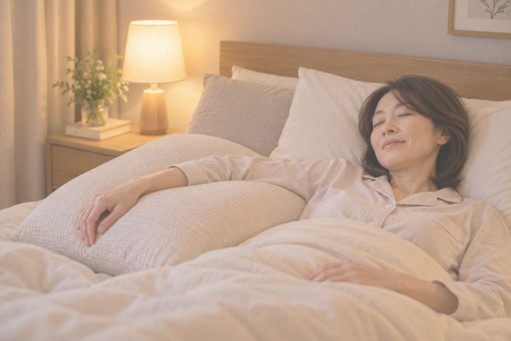 就寝時にクッションで腕を軽く支えて休む女性