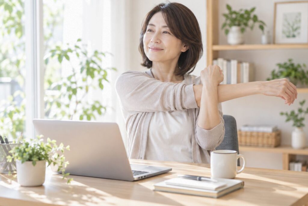乳がん術後にデスクワークの合間に腕を動かす女性