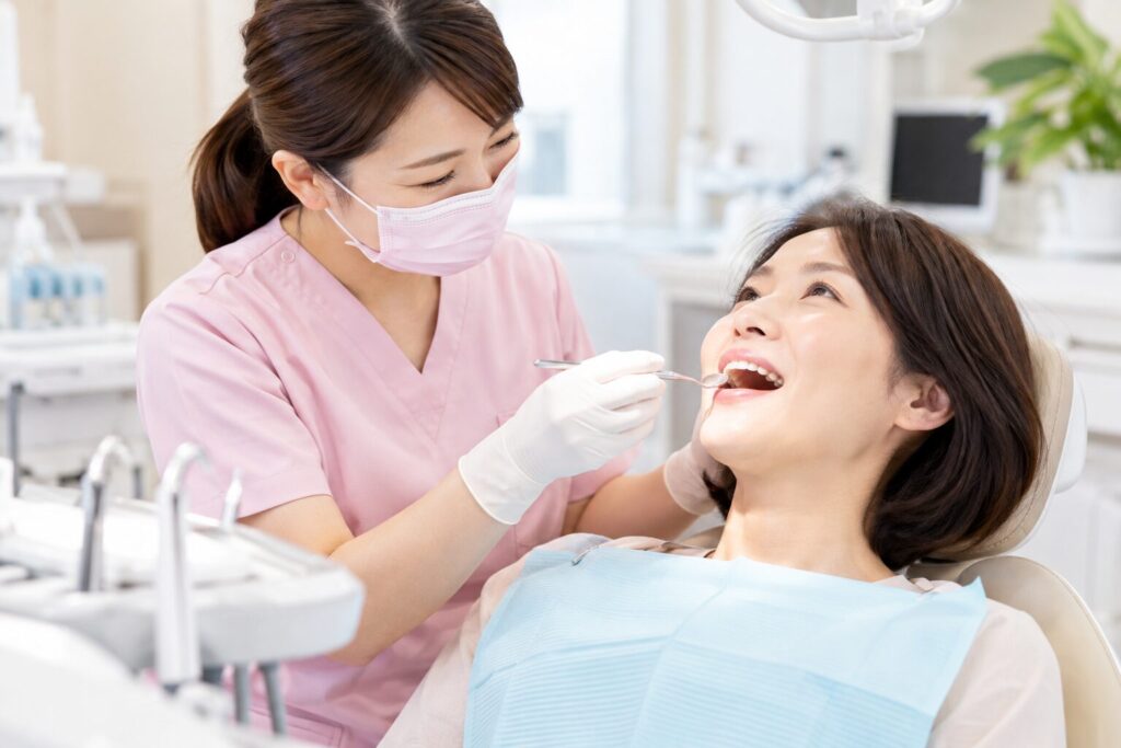 乳がん治療前に歯科衛生士から口腔ケアを受ける女性