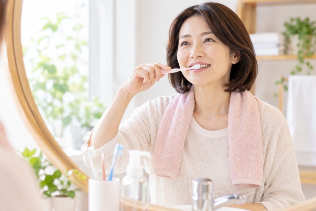 乳がん治療に備えて自宅で歯磨きをする女性