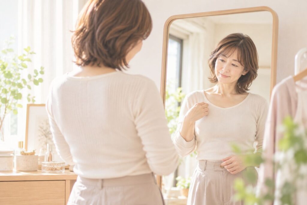 乳房再建後の左右のバランスについて、鏡を見ながら自分の身体を確認する女性