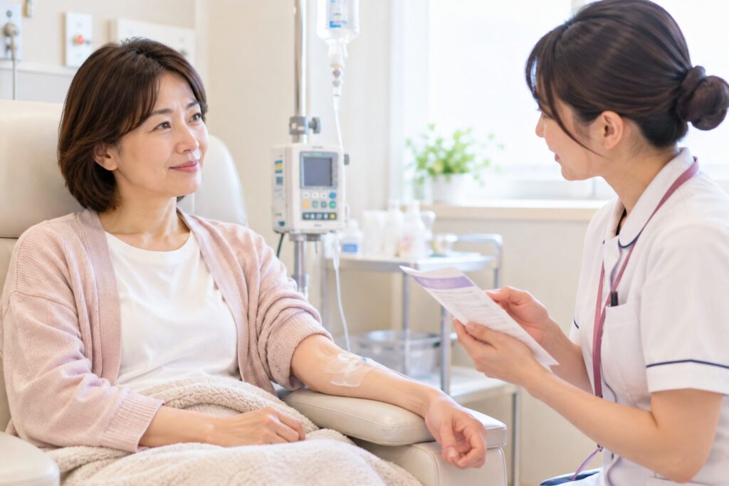 病院の処置室で、看護師と患者さんが話している写真