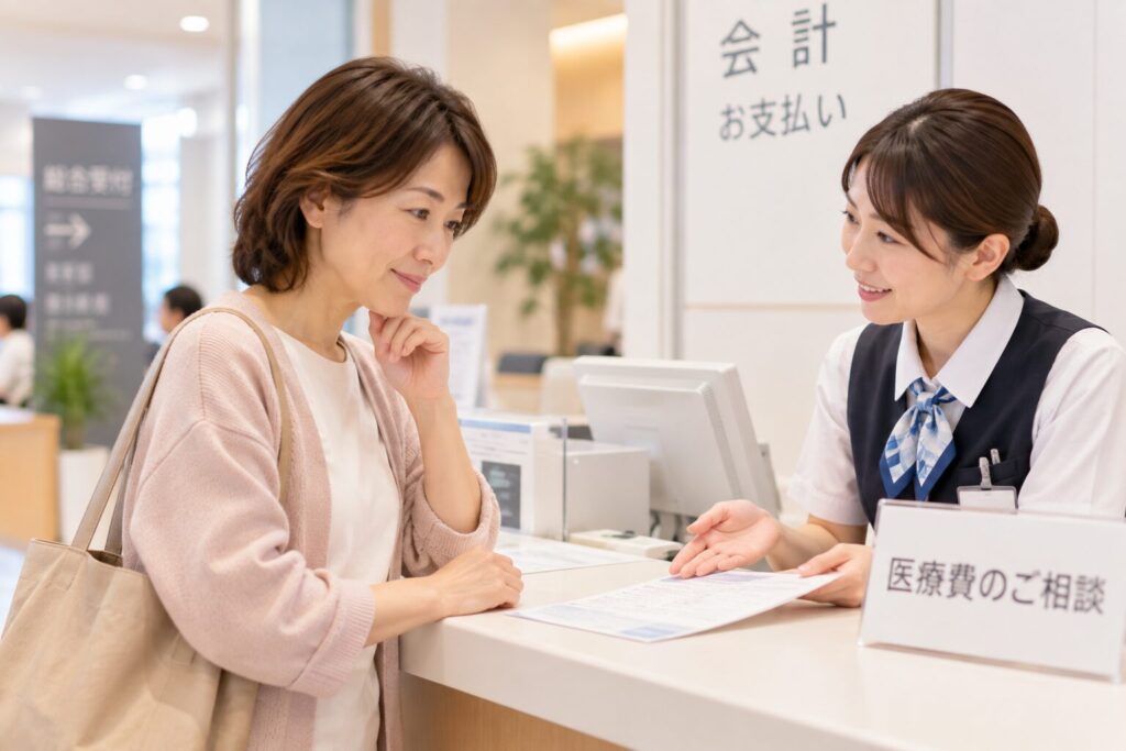 病院で医療費について相談している女性