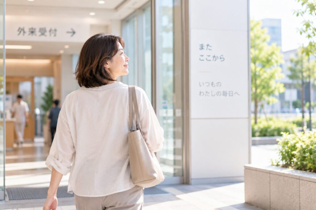 病院を出た女性が、少しほっとした表情で歩いている後ろ姿