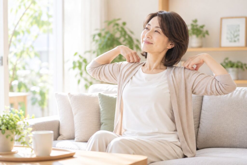 ソファに座って肩甲骨を無理なく動かす女性