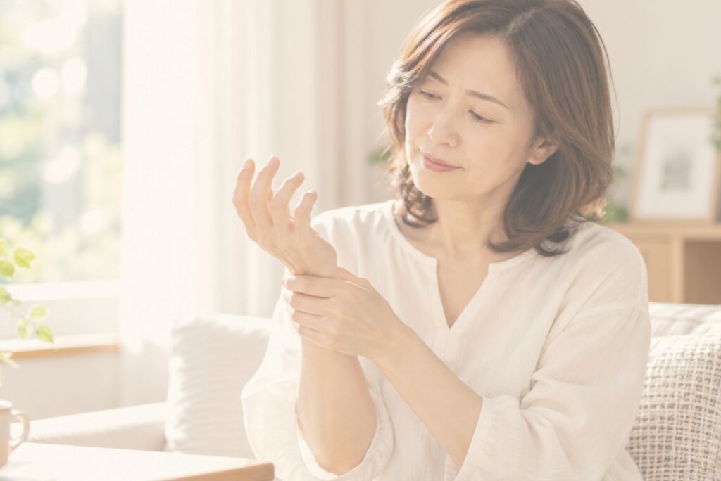 痛みを感じる腕にそっと手を当てる女性