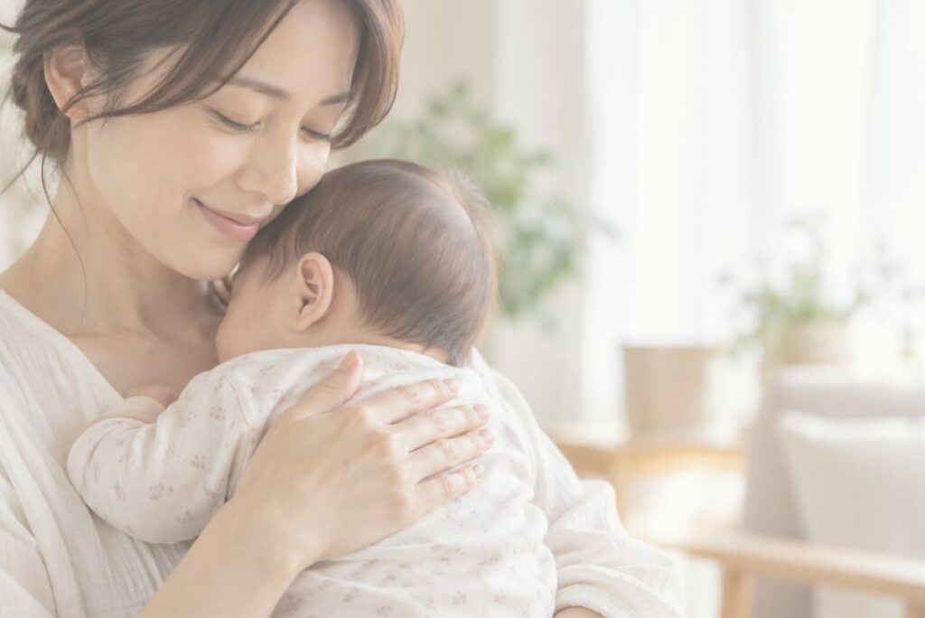 赤ちゃんを抱きながら背中を優しく撫でる母親