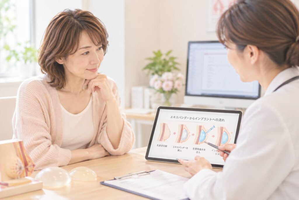 乳房再建でエキスパンダーの注入について医師から説明を受ける女性