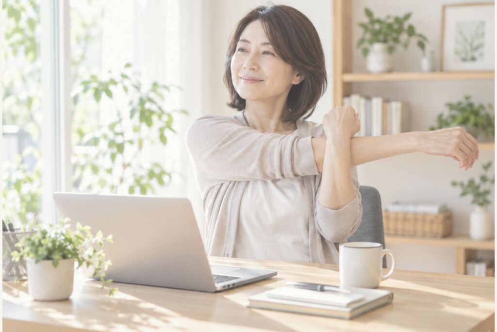 明るい室内で肩や腕をゆっくり動かす女性。心身の回復を支える無理のない運動